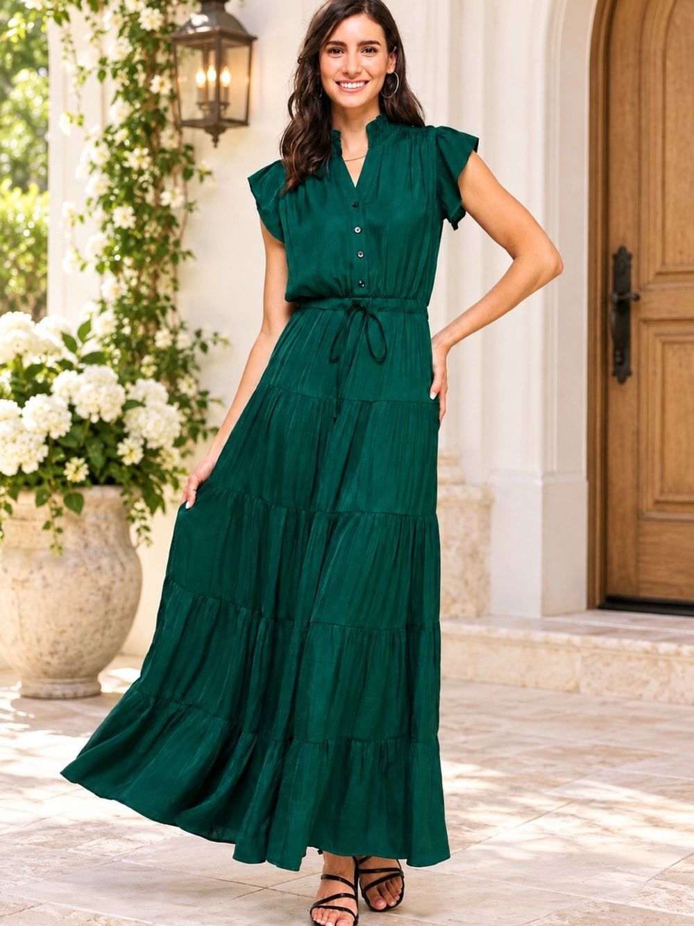 Pinch Emerald Green Tiered Maxi Dress with Drawstring
